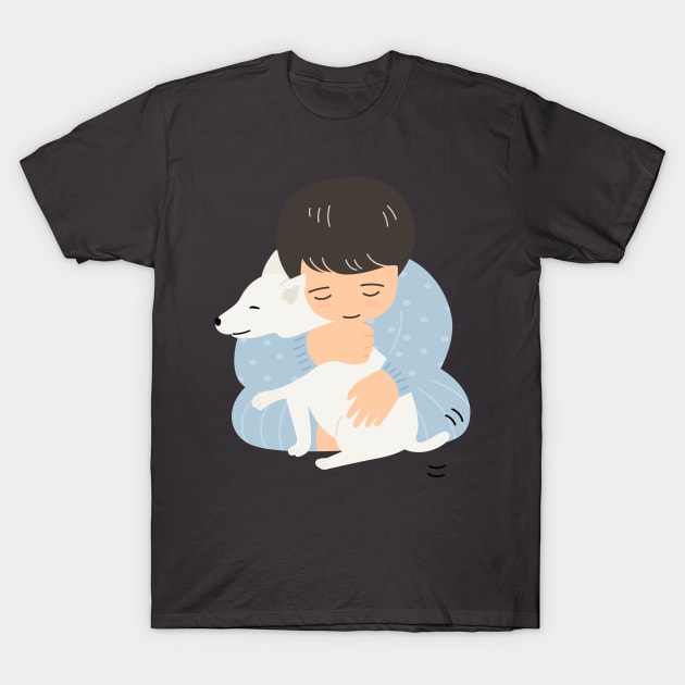 Adorable boy hugging lovely puppy cartoon kawaii style. T-Shirt by somethinginmyhead